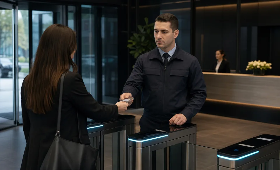 Agent de sécurité privée contrôlant un badge visiteur à l’entrée d’un bâtiment professionnel