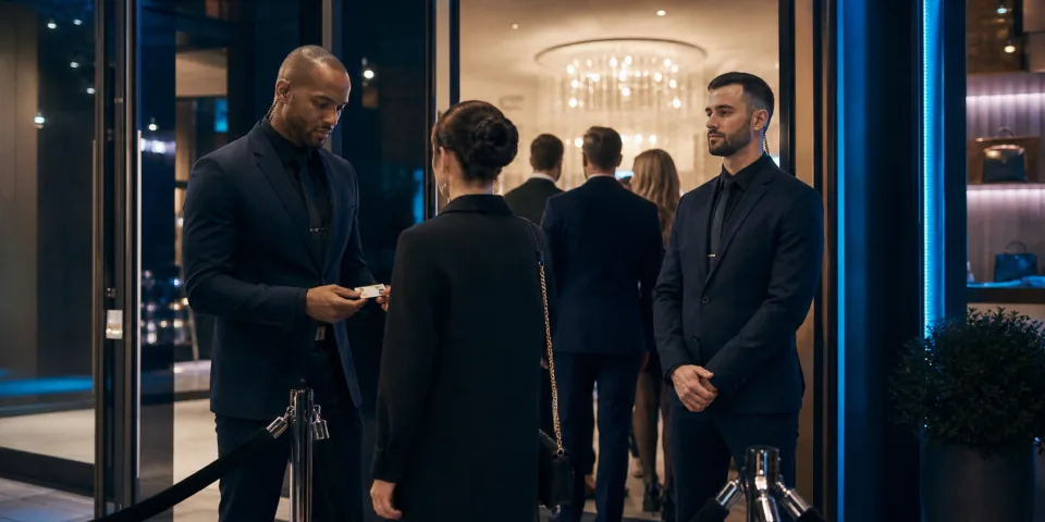Agents de sécurité privée assurant le filtrage des invités à l’entrée d’un événement professionnel