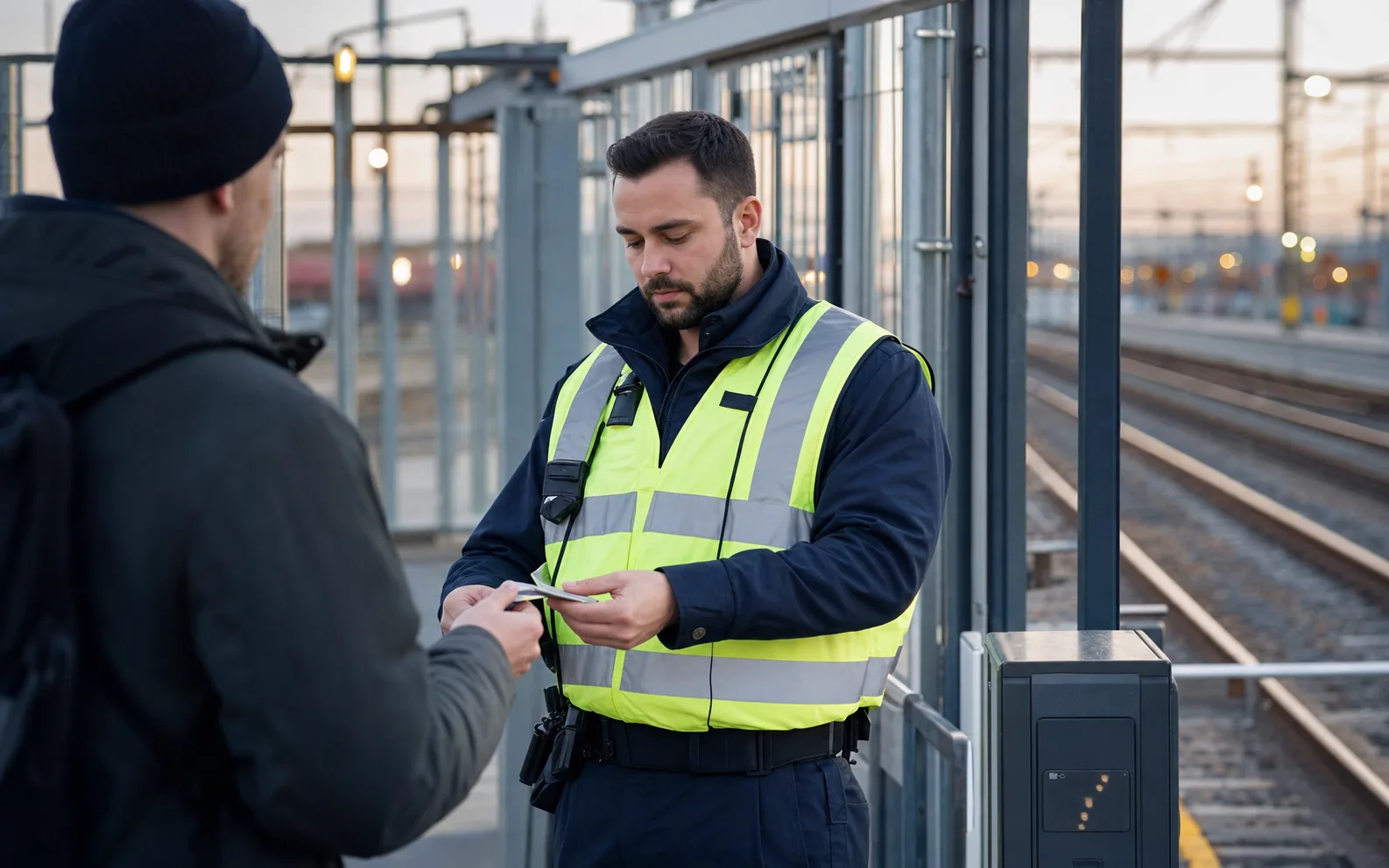 Agent de sécurité privée contrôlant un accès sur un site ferroviaire près des voies